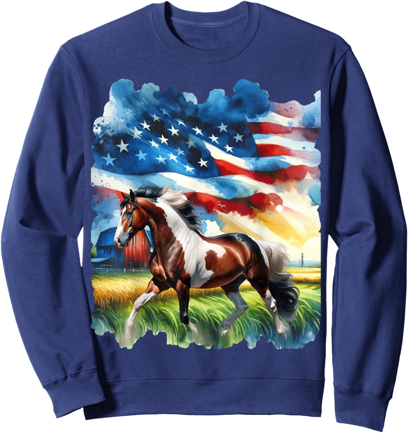 Patriotic Country Paint Horse with American Flag Women Kids Men Sweatshirt - Sweatshirt | Navy