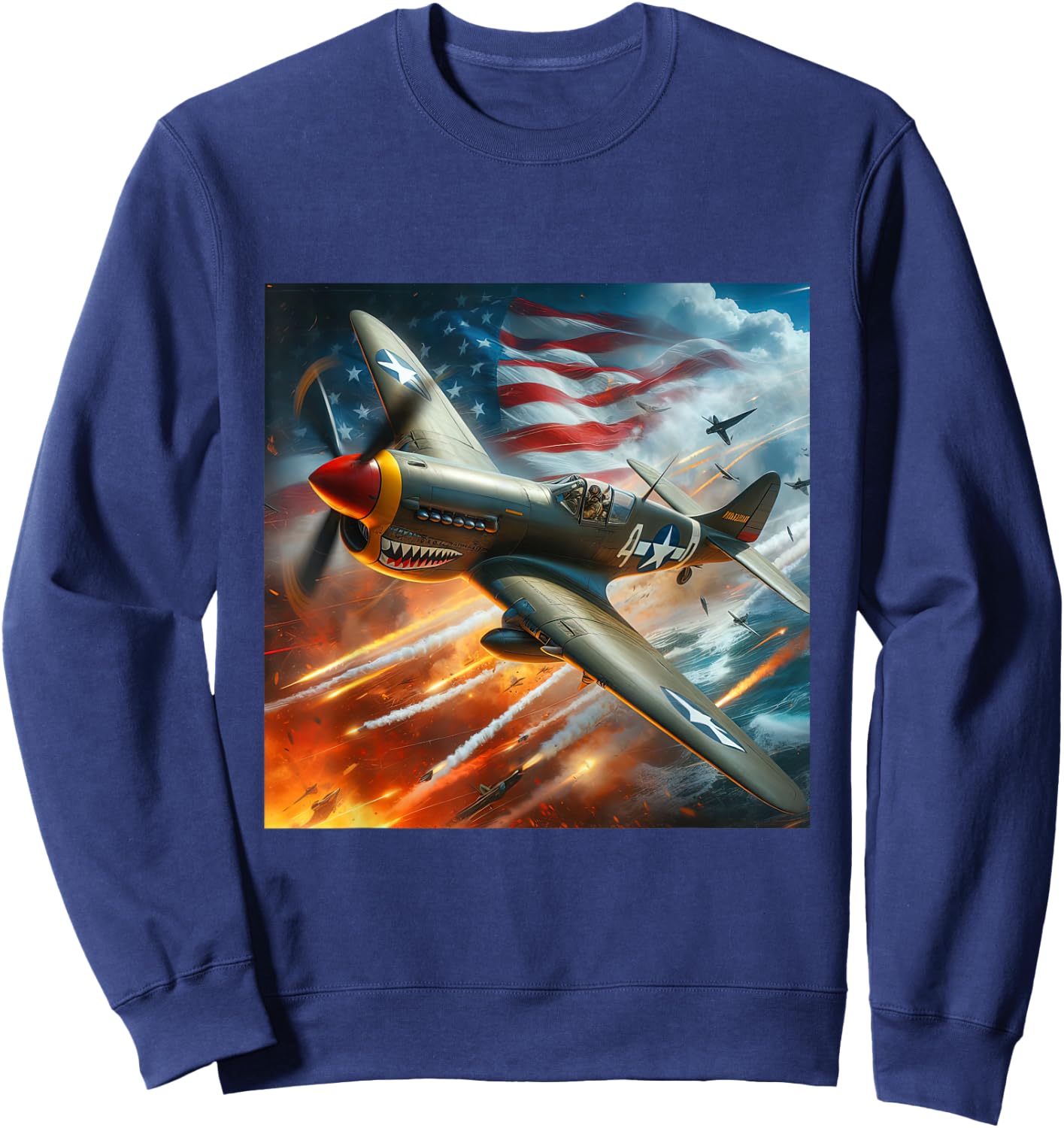 P-40 Warhawk | North American Aviation WW2 P40 US Flag Sweatshirt - Sweatshirt | Navy