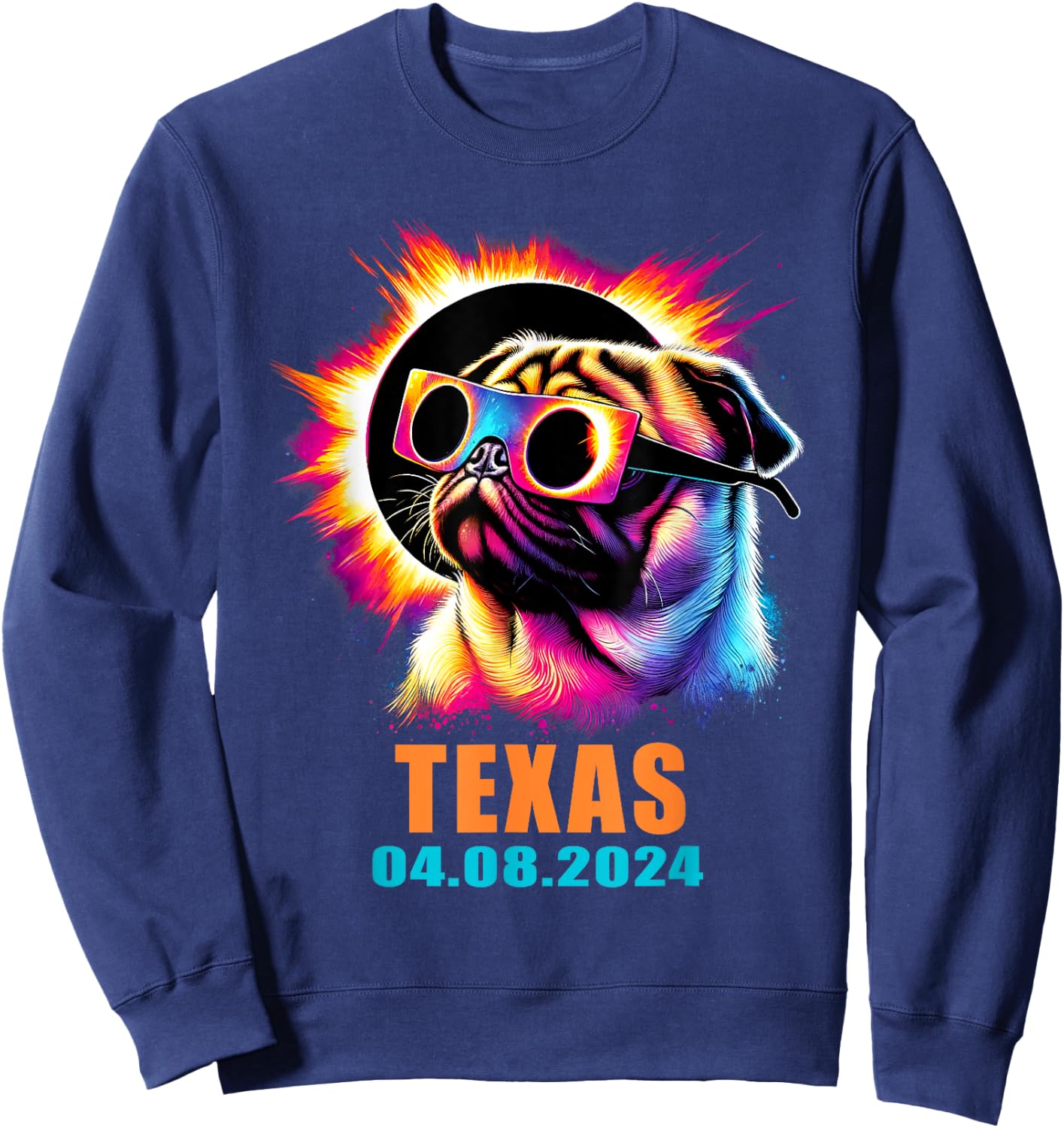 Texas Total Solar Eclipse 2024 Pug Dog With Glasses Women Kids Sweatshirt - Sweatshirt | Navy
