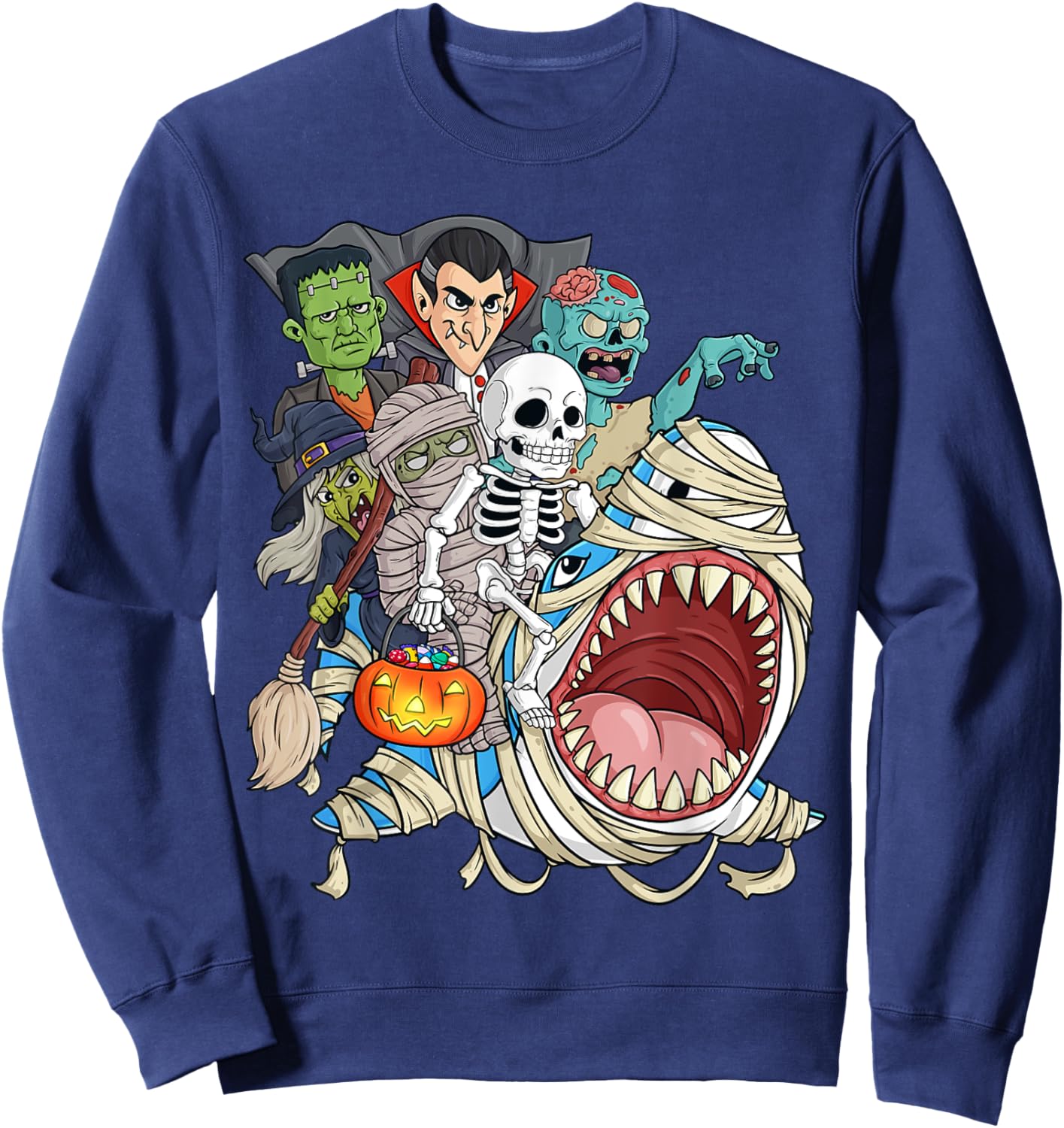 Skeleton Zombie Riding Mummy Shark Vampire Halloween Pumpkin Sweatshirt - Sweatshirt | Navy