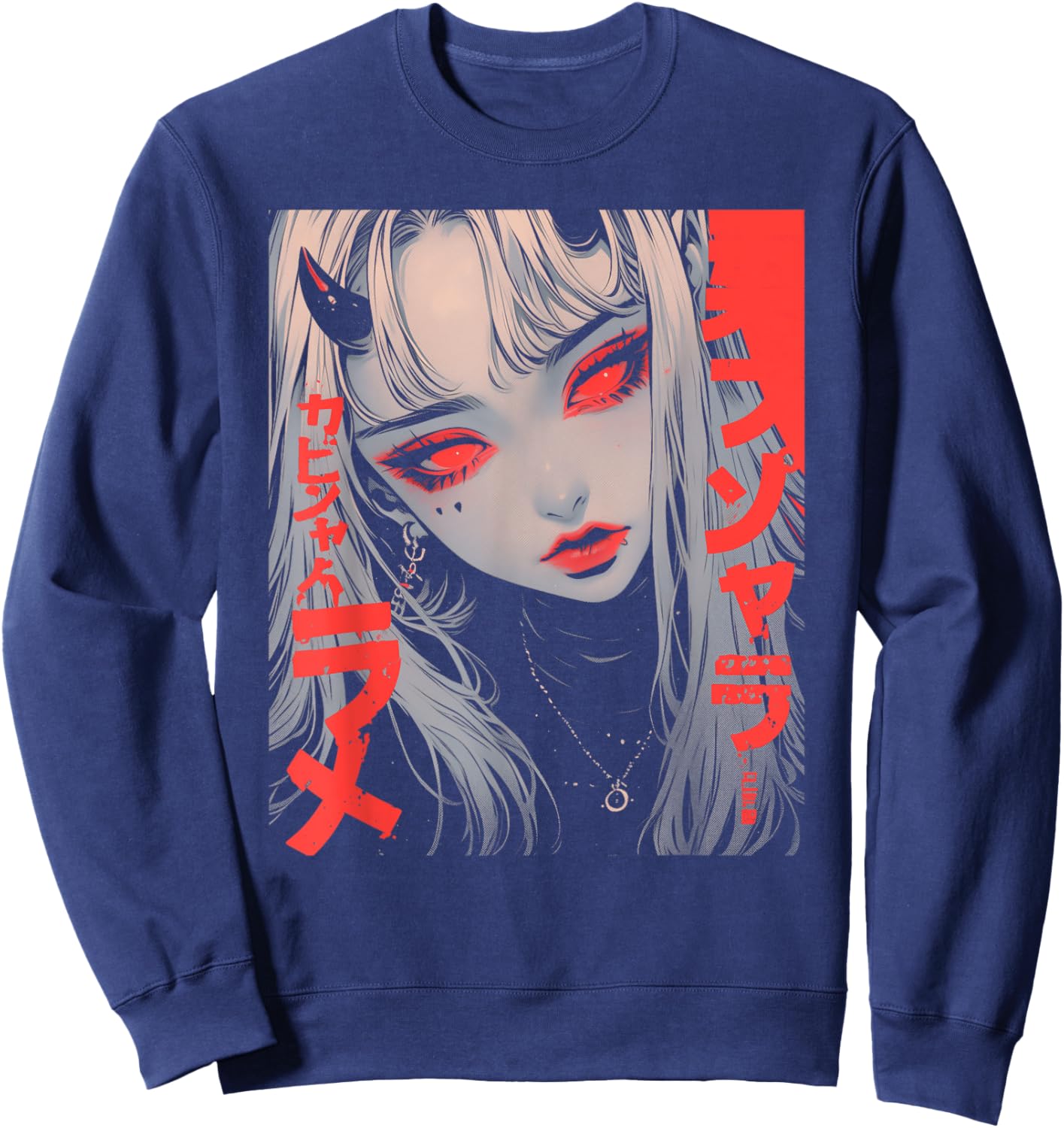 Goth Grunge Demon Anime Girl Waifu Horror Alt Aesthetic Sweatshirt - Sweatshirt | Navy