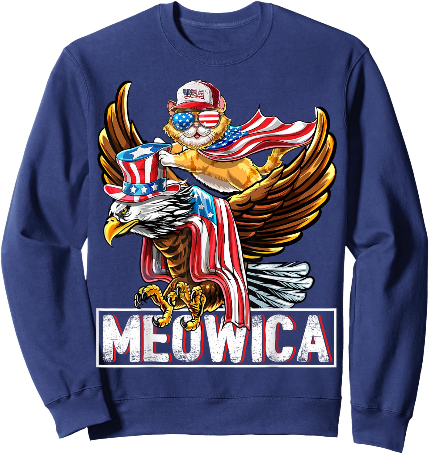 Meowica Cat Bald Eagle 4th of July Patriotic American Flag Women Kids Men Sweatshirt - Sweatshirt | Navy