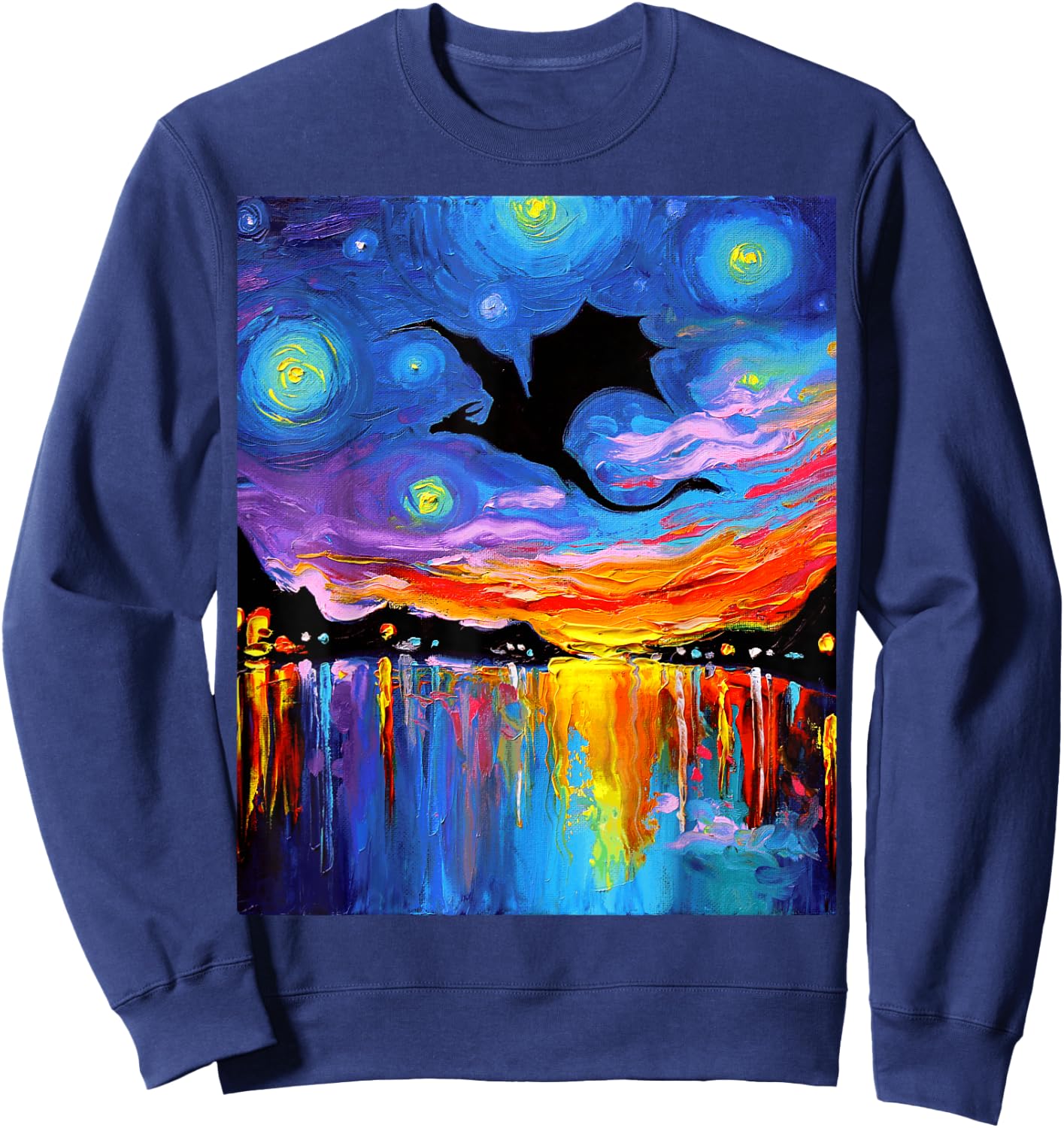 Flying Dragon Silhouette Sunset Starry Night Fantasy Art Sweatshirt - Sweatshirt | Navy