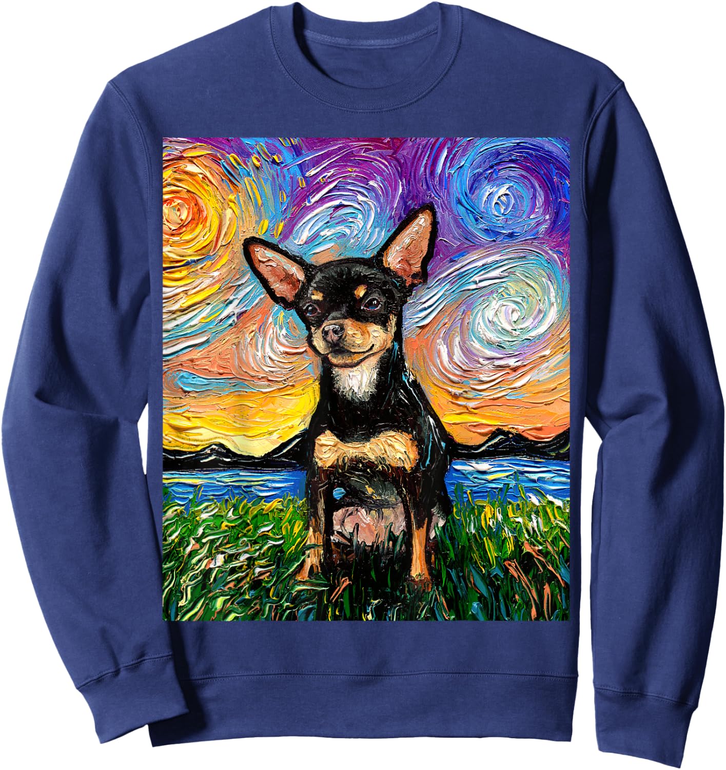 Black and Tan Smooth Chihuahua Starry Night Dog Artwork Sweatshirt - Sweatshirt | Navy