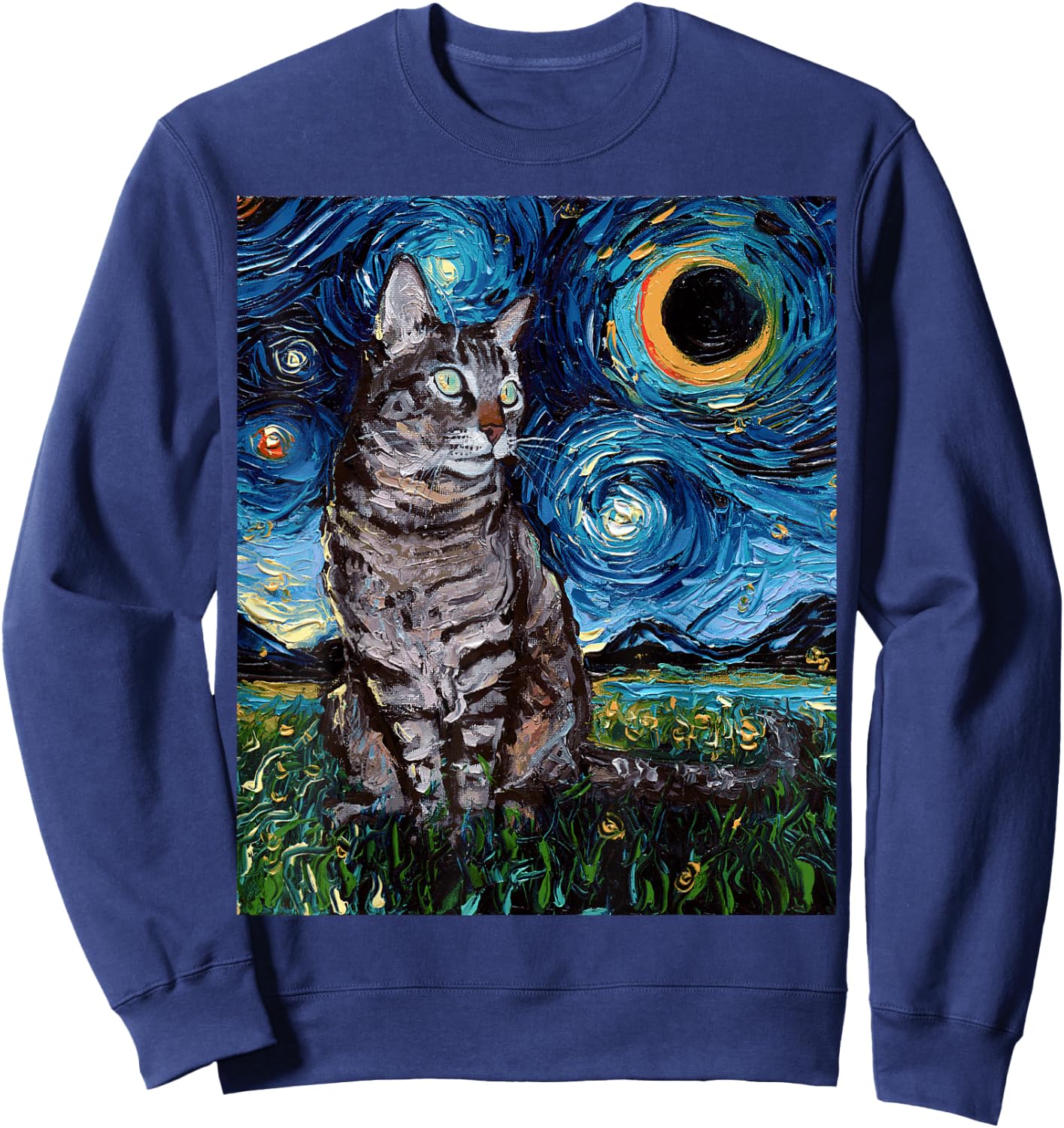 Gray Tabby Tiger Cat Starry Night Moon and Stars Art by Aja Sweatshirt - Sweatshirt | Navy