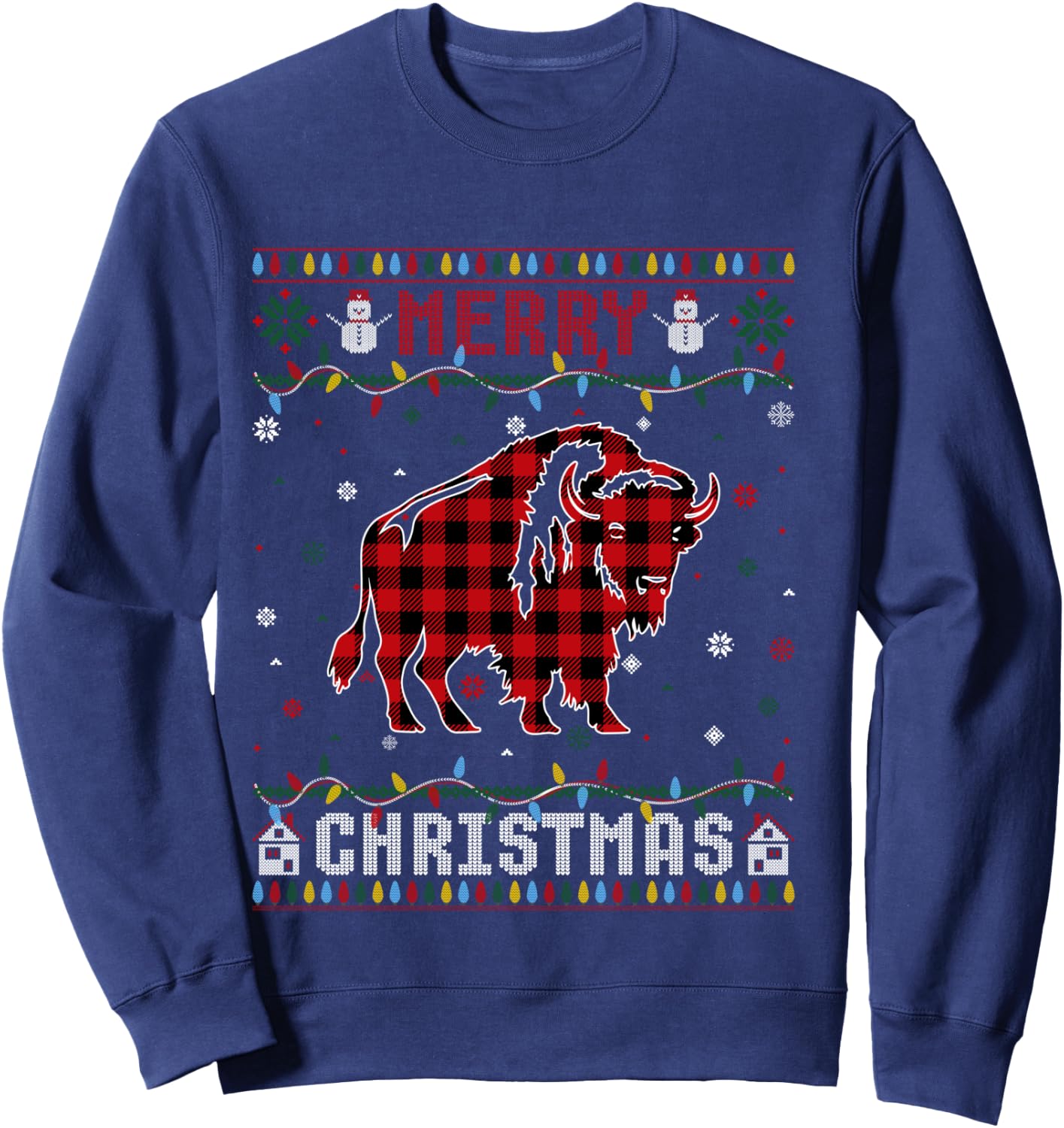 Funny Xmas Lighting Bison Lovers Ugly Christmas Sweater Sweatshirt - Sweatshirt | Navy
