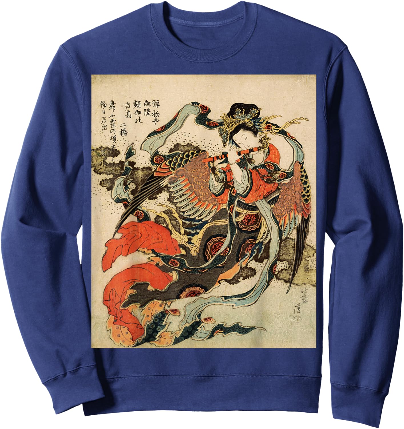 Japanese Retro Vintage Artwork Tengu Goddess Playing Flute Small Sweatshirt - Sweatshirt | Navy
