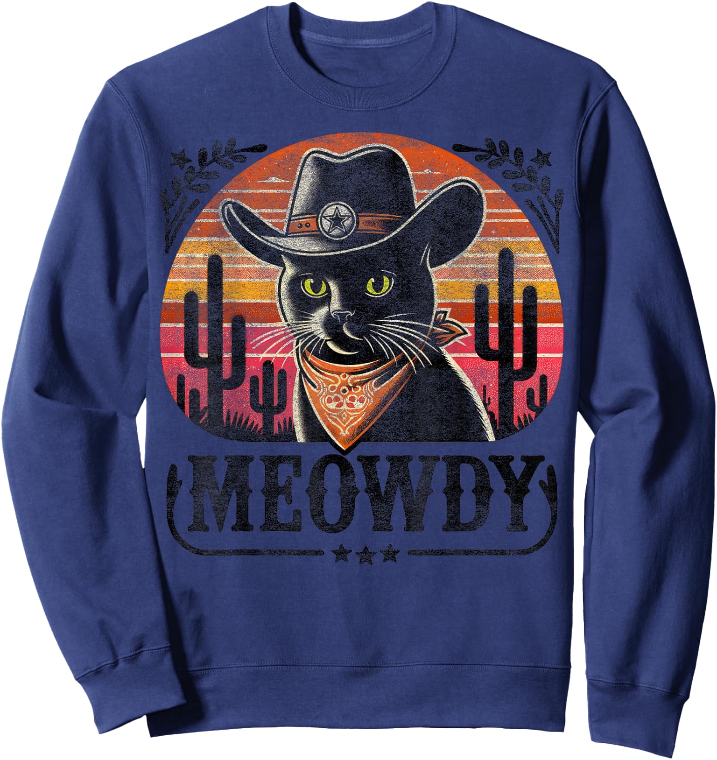 Meowdy Black Cat Retro Sunset – Howdy Funny Country Western Sweatshirt - Sweatshirt | Navy