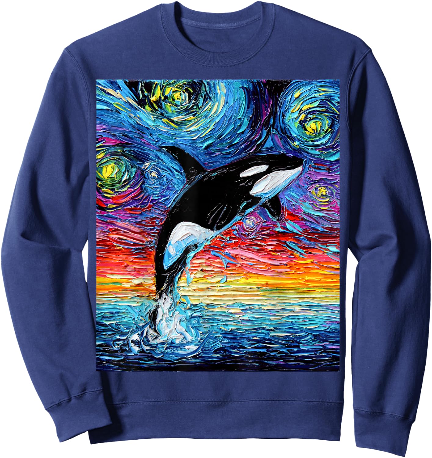 Orca Killer Whale Starry Night Colorful Ocean Art by Aja Sweatshirt - Sweatshirt | Navy