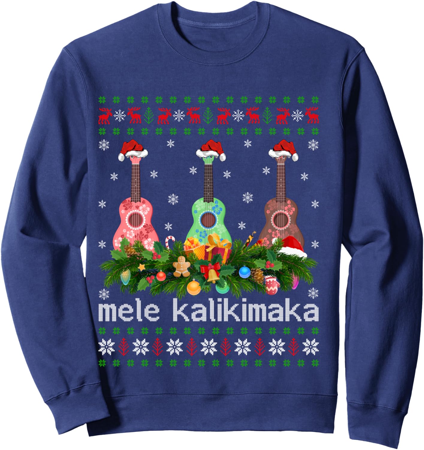 Mele Kalikimaka Ukulele Guitar Gift Ugly Ukulele Christmas Sweatshirt - Sweatshirt | Navy