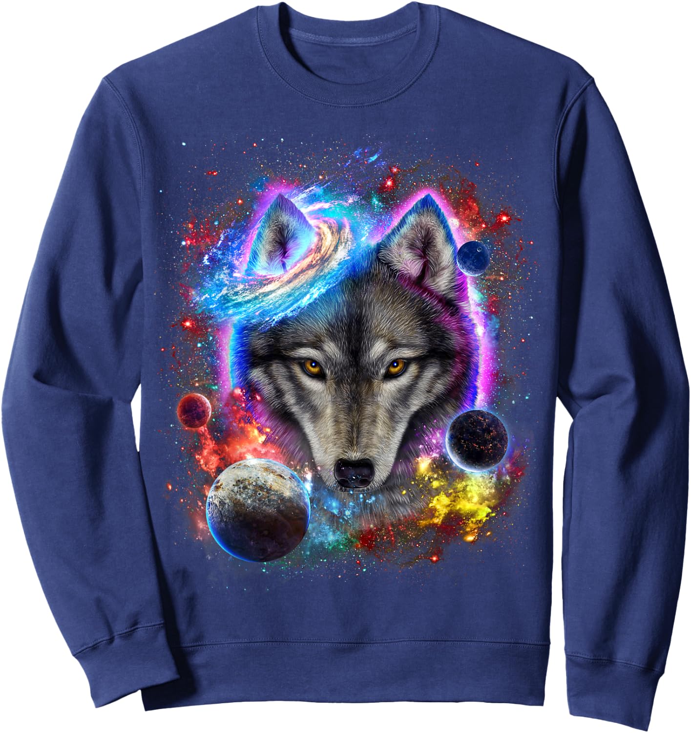 Cosmic Wolf Surrounded by Planet and Stars in Galactic Scene Sweatshirt - Sweatshirt | Navy