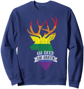 Vintage Rainbow Oh Deer I'm Queer Pride Lesbian Gay LGBTQ Sweatshirt - Sweatshirt | Navy