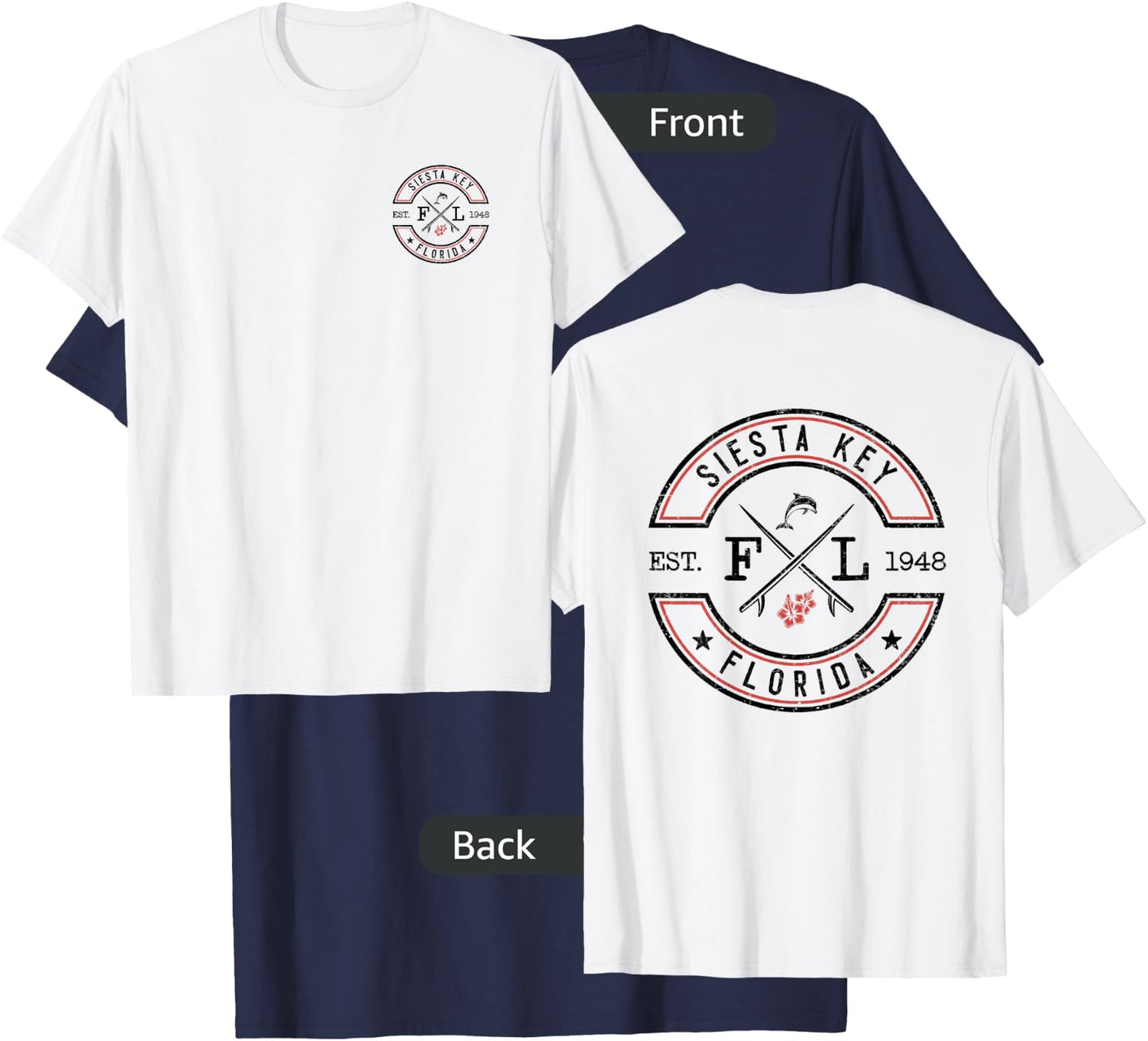 Siesta Key Florida FL Retro Surfer Front & Back T-Shirt - T-Shirt | Navy