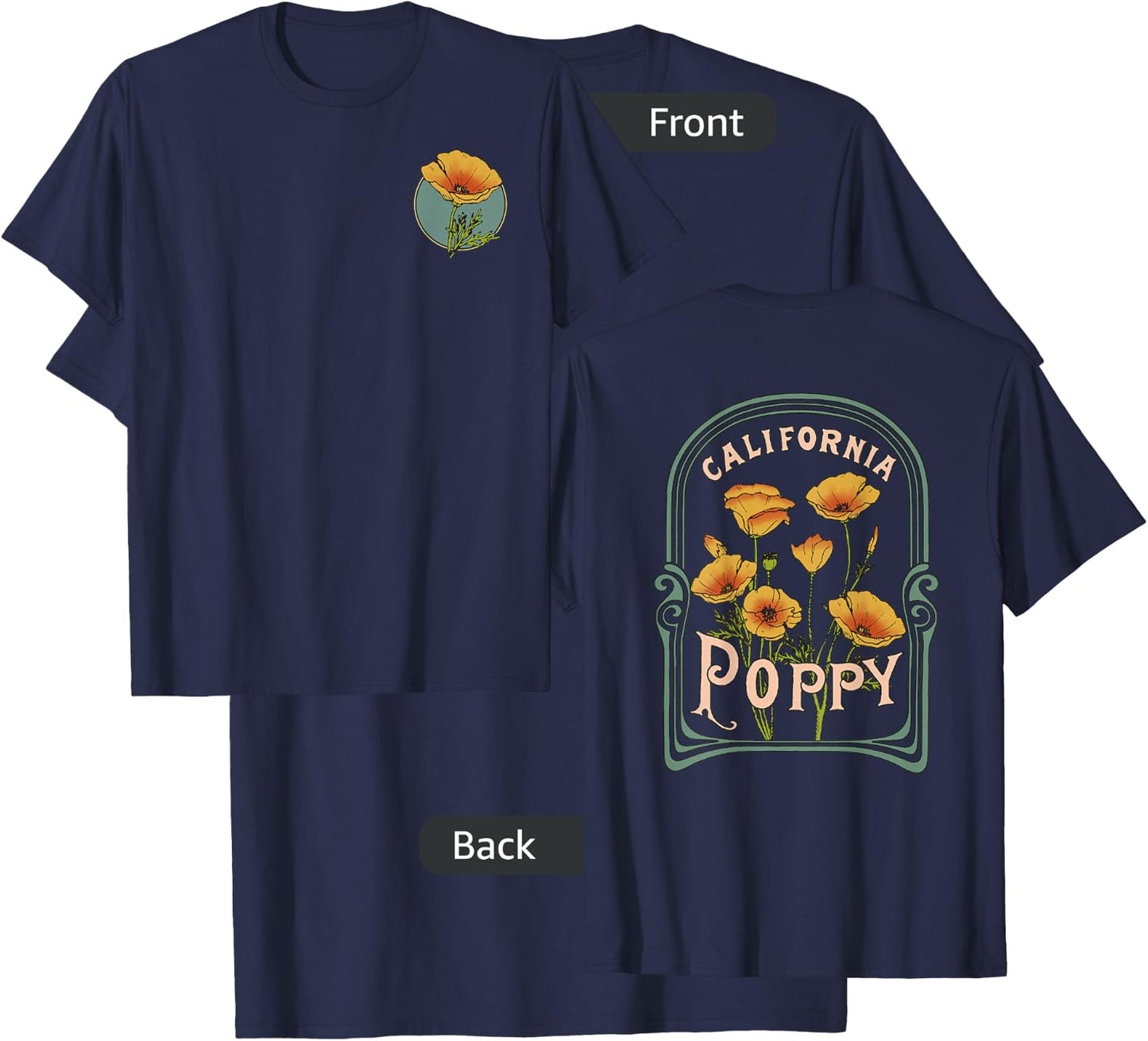 California Poppy Creative Outline and Picture Front & Back T-Shirt - T-Shirt | Navy