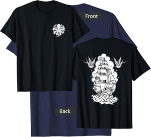 Octopus, Old School Sailor Tattoo Clipper Ship and Swallows T-Shirt - T-Shirt | Navy