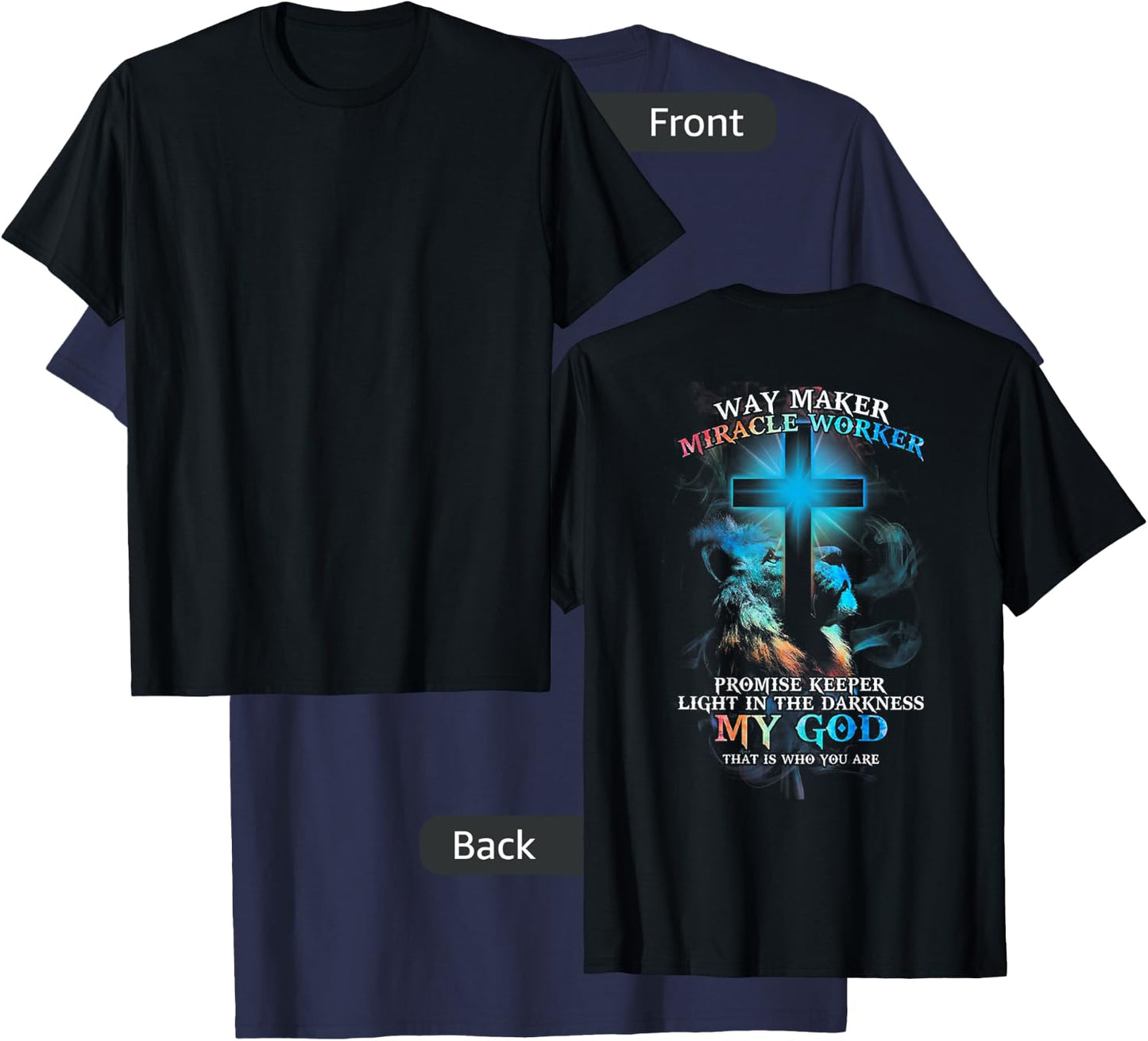 Lion Cross Light Colorful Waymaker Miracle Worker (on back) T-Shirt - T-Shirt | Navy