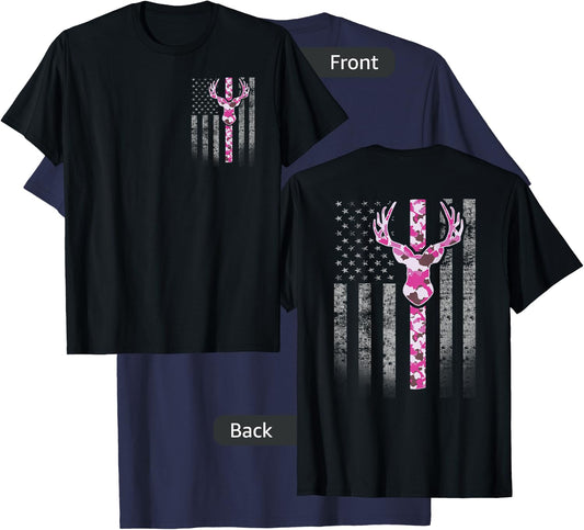 Deer Hunting Pink Camouflage Flag with Camo Deer Antlers T-Shirt - T-Shirt | Navy