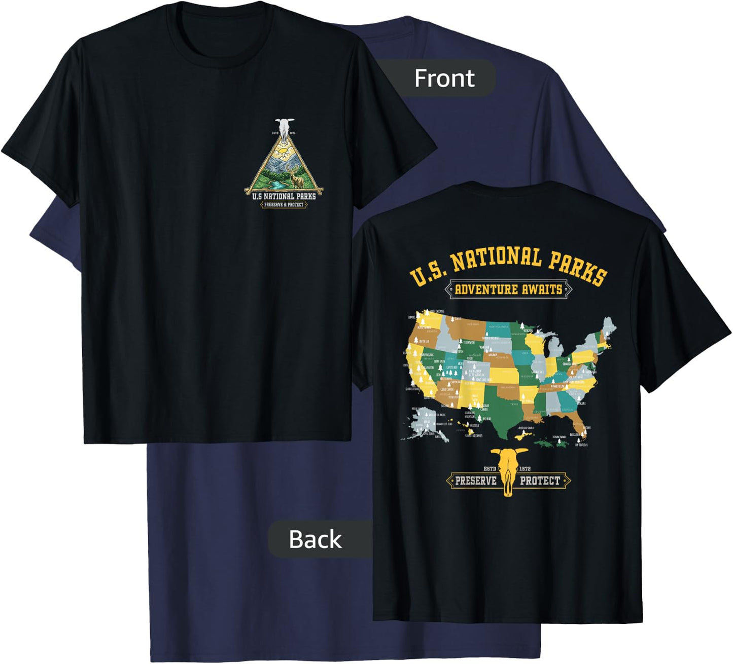All 63 US National Parks Adventure Map Graphic(+ back print) T-Shirt - T-Shirt | Navy