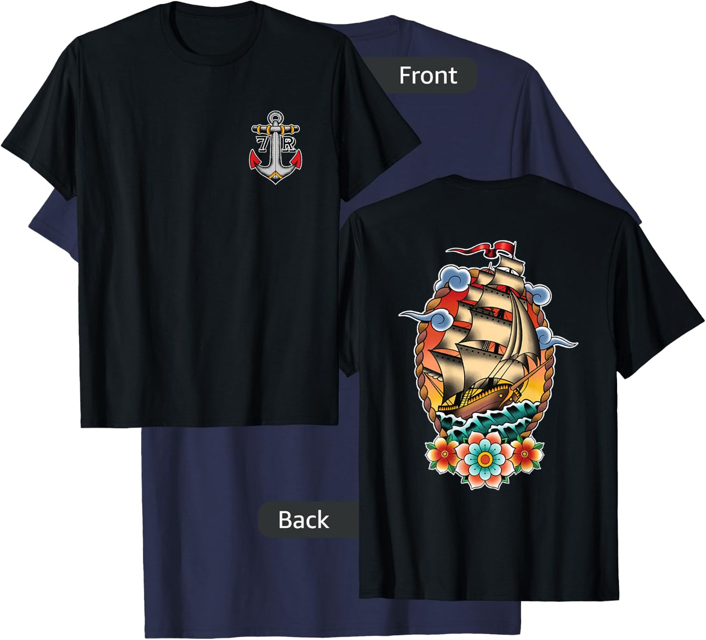 Old School American Traditional Tattoo Flash Clipper Ship T-Shirt - T-Shirt | Navy