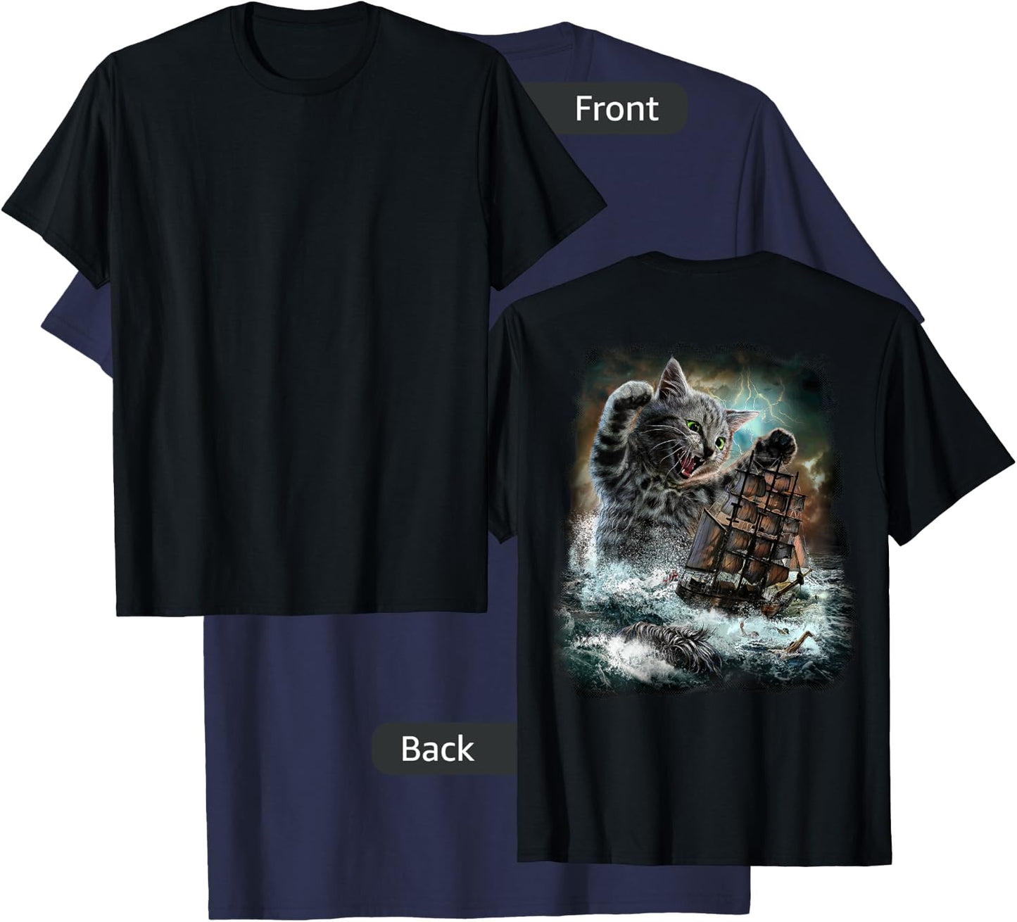 Giant Cat as Kraken Sea Monster Ambush a War Ship in Ocean T-Shirt - T-Shirt | Navy