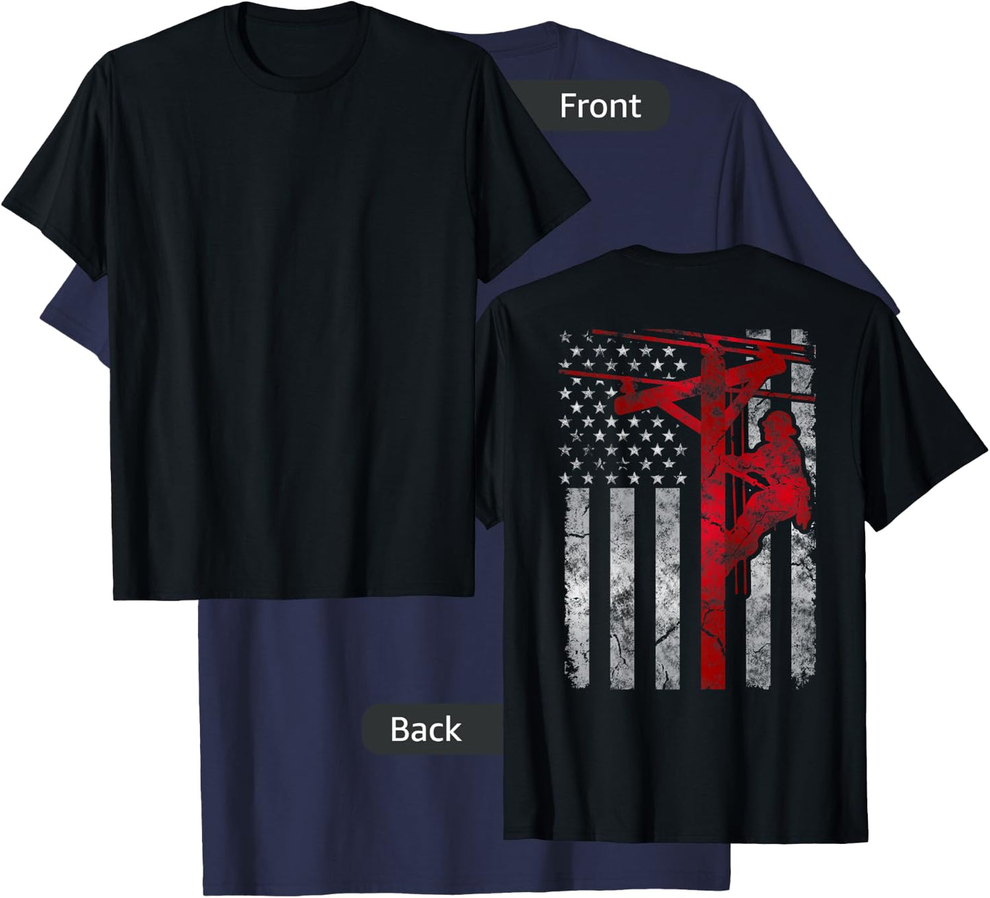 Distressed Patriotic Electric Cable Lineman American Flag T-Shirt - T-Shirt | Navy
