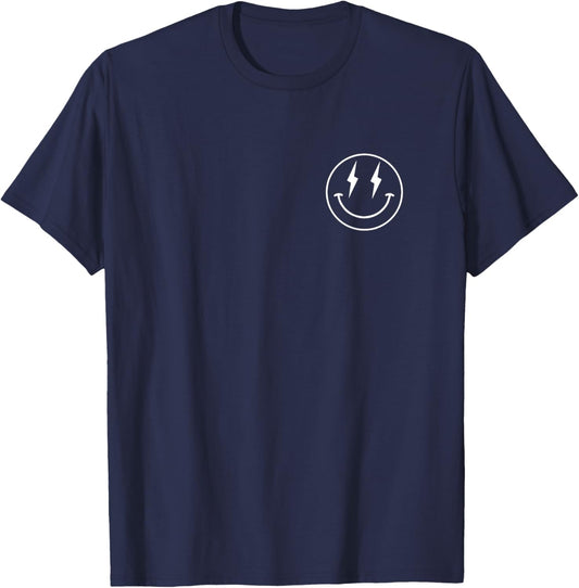 Minimalist 80s Lightning Bolt Eyes Happy Smiling Smile Face T-Shirt - T-Shirt | Navy