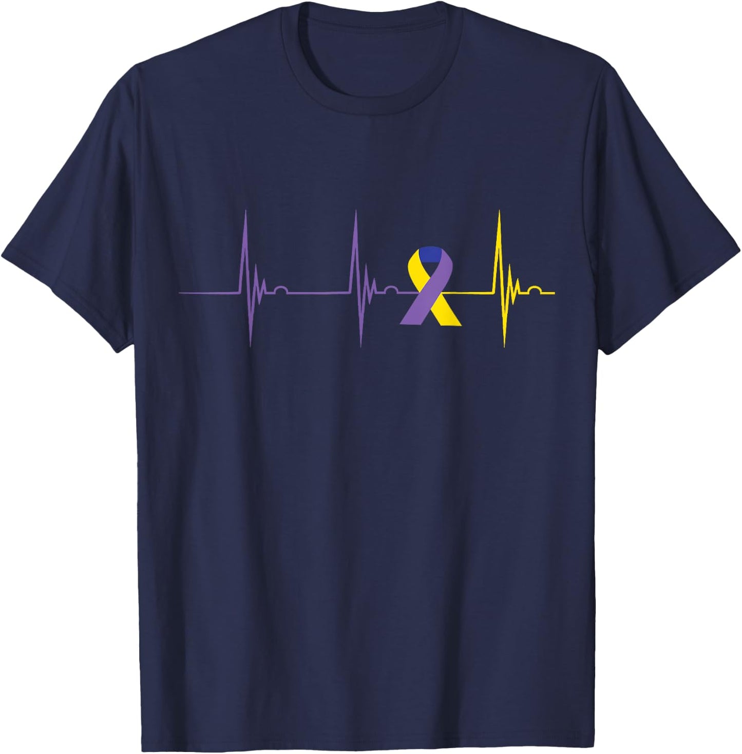 Blue Yellow Purple Ribbon Heartbeat EKG Pulse Bladder Cancer T-Shirt - T-Shirt | Navy
