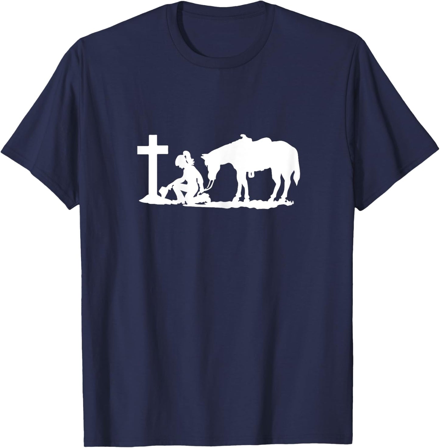 Cowgirl and a Horse Praying Cross Western Women T-Shirt - T-Shirt | Navy