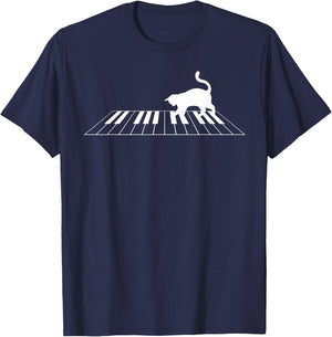Funny Piano Keys Gift Men Women Cute Cat On Piano Keyboard T-Shirt - T-Shirt | Navy