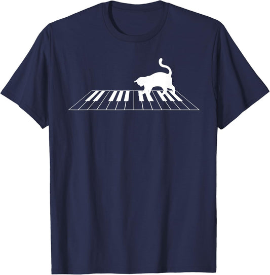 Funny Piano Keys Gift Men Women Cute Cat On Piano Keyboard T-Shirt - T-Shirt | Navy