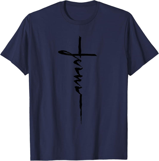 Jesus Christian Cross Art Cursive Inspiring Gift Men Women T-Shirt - T-Shirt | Navy