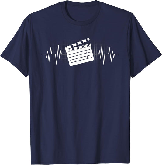 Clapperboard Heartbeat Funny EKG Filmmaker Film Lover Gift T-Shirt - T-Shirt | Navy