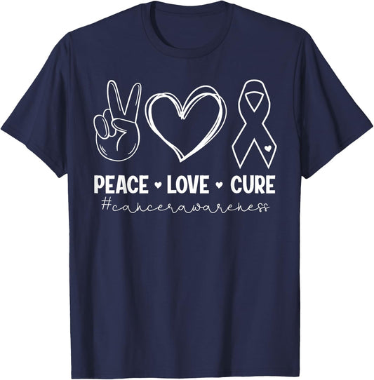 Peace Love Cure Cancer Awareness Inspirational T-Shirt - T-Shirt | Navy
