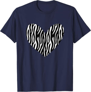 Zebra Pattern Black & White Heart / Exotic Animal Print T-Shirt - T-Shirt | Navy