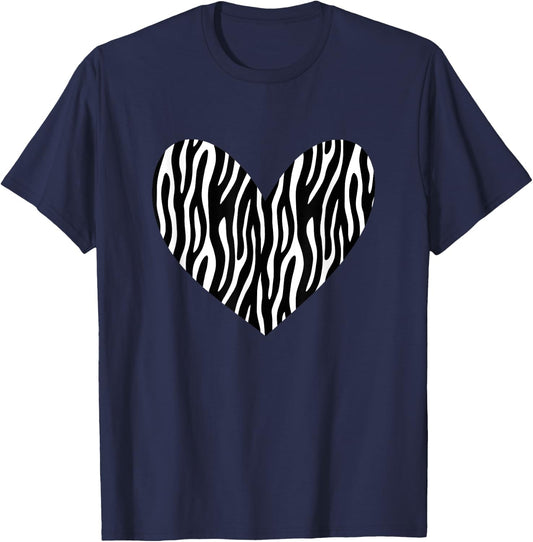 Zebra Pattern Black & White Heart / Exotic Animal Print T-Shirt - T-Shirt | Navy