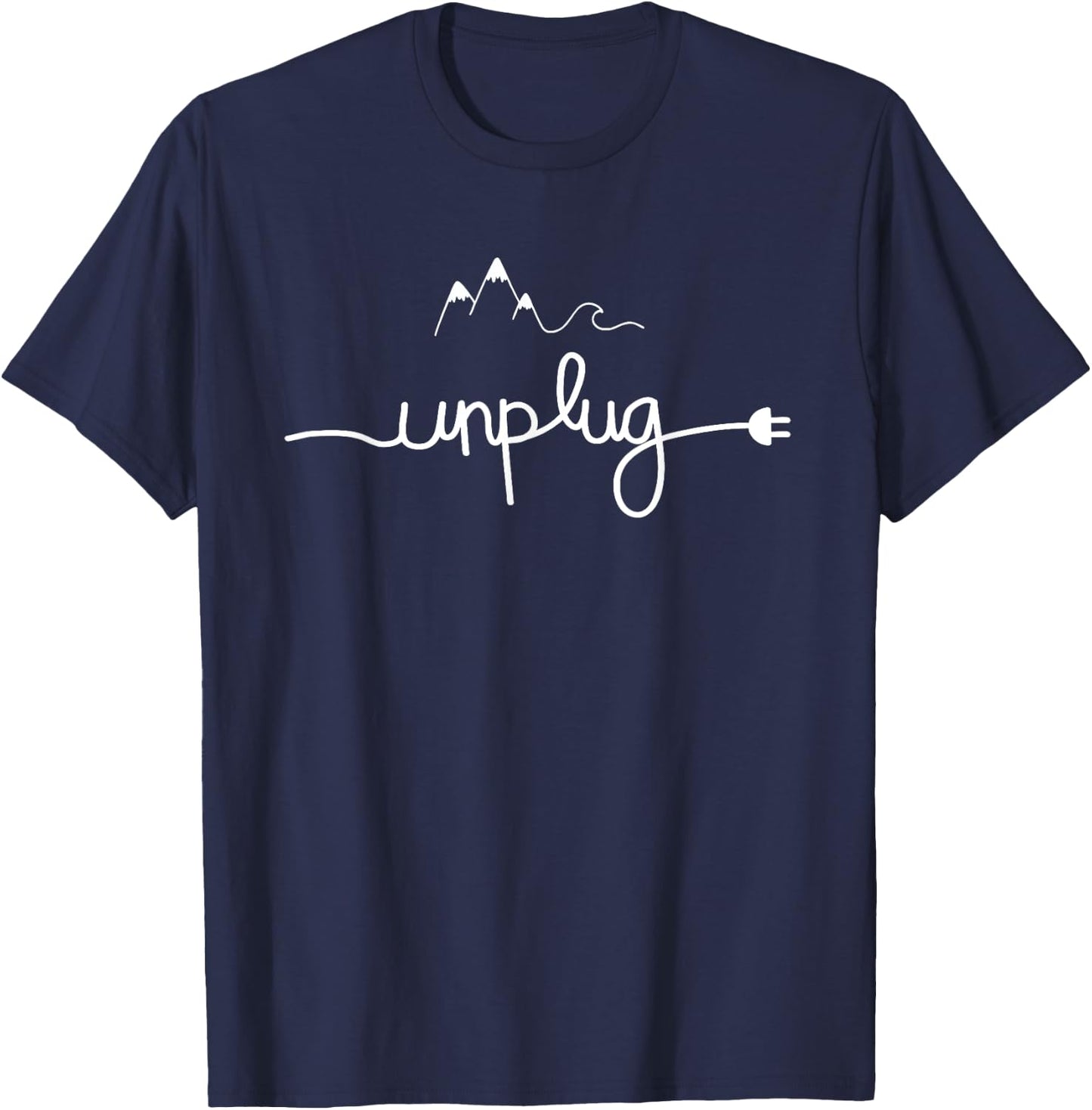Simple & Cool Minimalist Mountain and waves graphic, UNPLUG T-Shirt - T-Shirt | Navy