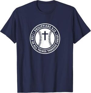 Philippians 4:13 Christian Baseball Cross Jesus Saves Christ T-Shirt - T-Shirt | Navy