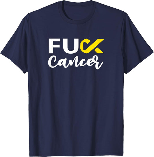 Cursive Fuck Childhood Cancer Yellow Ribbon Cancer T-Shirt - T-Shirt | Navy