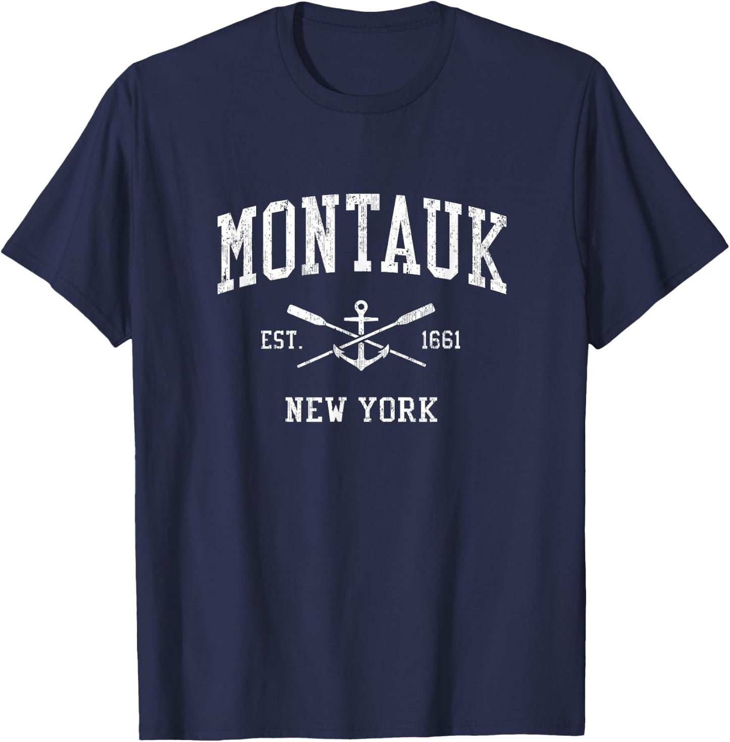 Montauk NY Vintage Crossed Oars & Boat Anchor Sports T-Shirt - T-Shirt | Navy