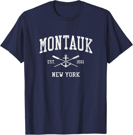 Montauk NY Vintage Crossed Oars & Boat Anchor Sports T-Shirt - T-Shirt | Navy