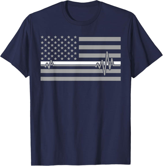 Thin Line In White Us Flag Heartbeat Paramedic Love Shirt T-Shirt - T-Shirt | Navy