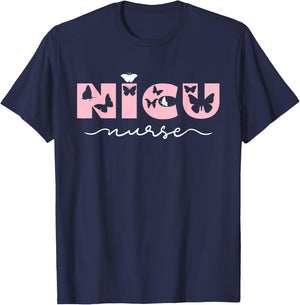 NICU Nurse Pink Cute Butterfly Pediatric Neonatal T-Shirt - T-Shirt | Navy