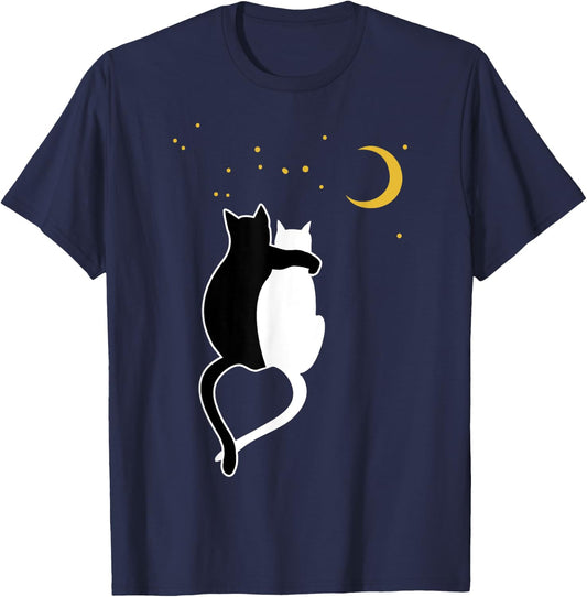Black cat, white cats hug and moon, stars T-Shirt - T-Shirt | Navy