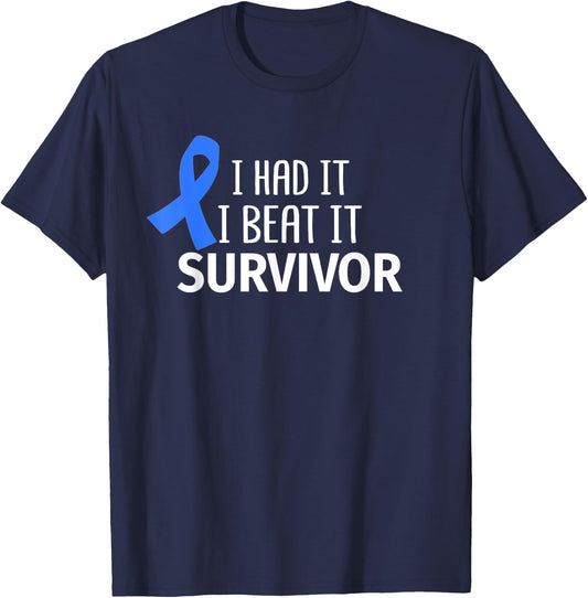 Colon Cancer I Had It I Beat It Survivor Dark Blue Ribbon T-Shirt - T-Shirt | Navy