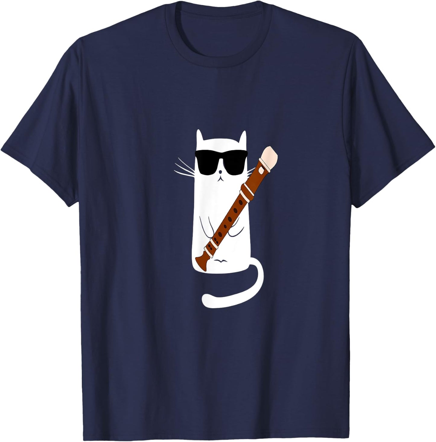 Funny Cat Wearing Sunglasses Playing Recorder Men Women Girls Kids T-Shirt - T-Shirt | Navy