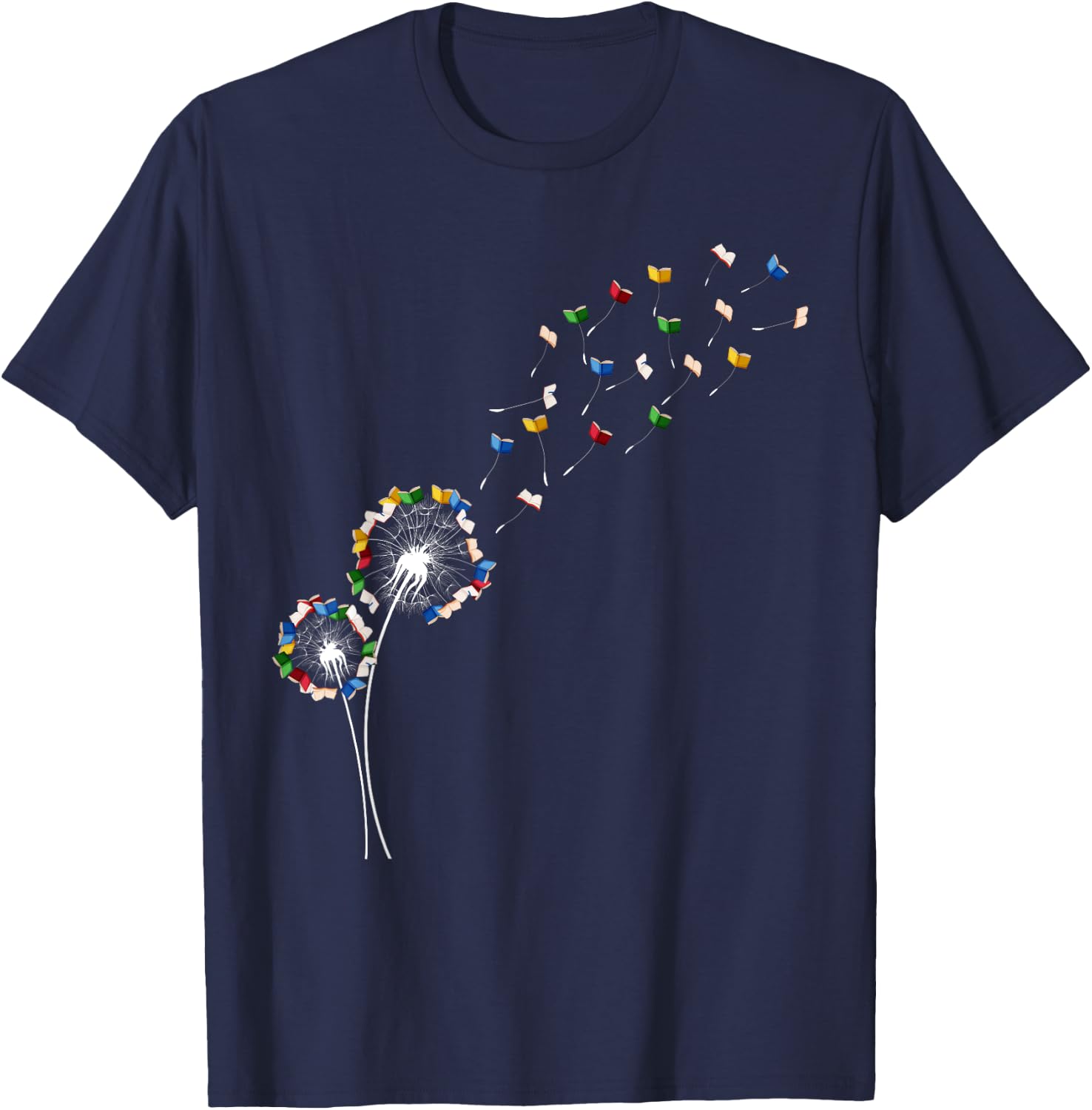 Book Lovers Cute Dandelion With Books Image T-Shirt - T-Shirt | Navy