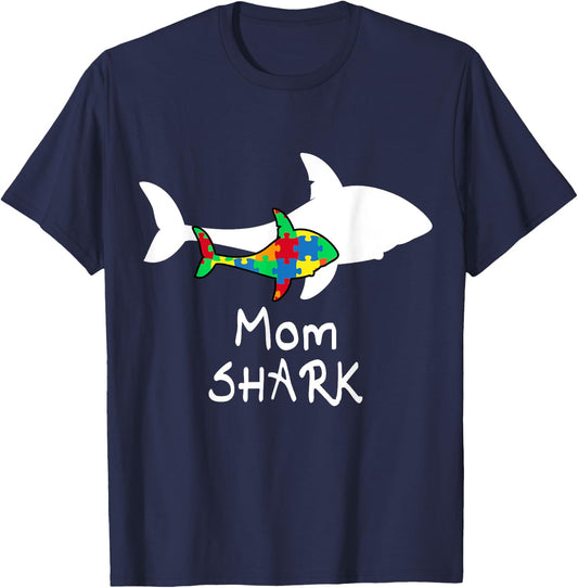 Mom Shark Puzzle Piece Cool Autism Awareness Gift T-Shirt - T-Shirt | Navy
