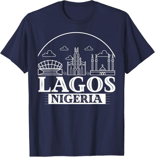 Lagos Nigeria City Skyline Map Travel T-Shirt - T-Shirt | Navy
