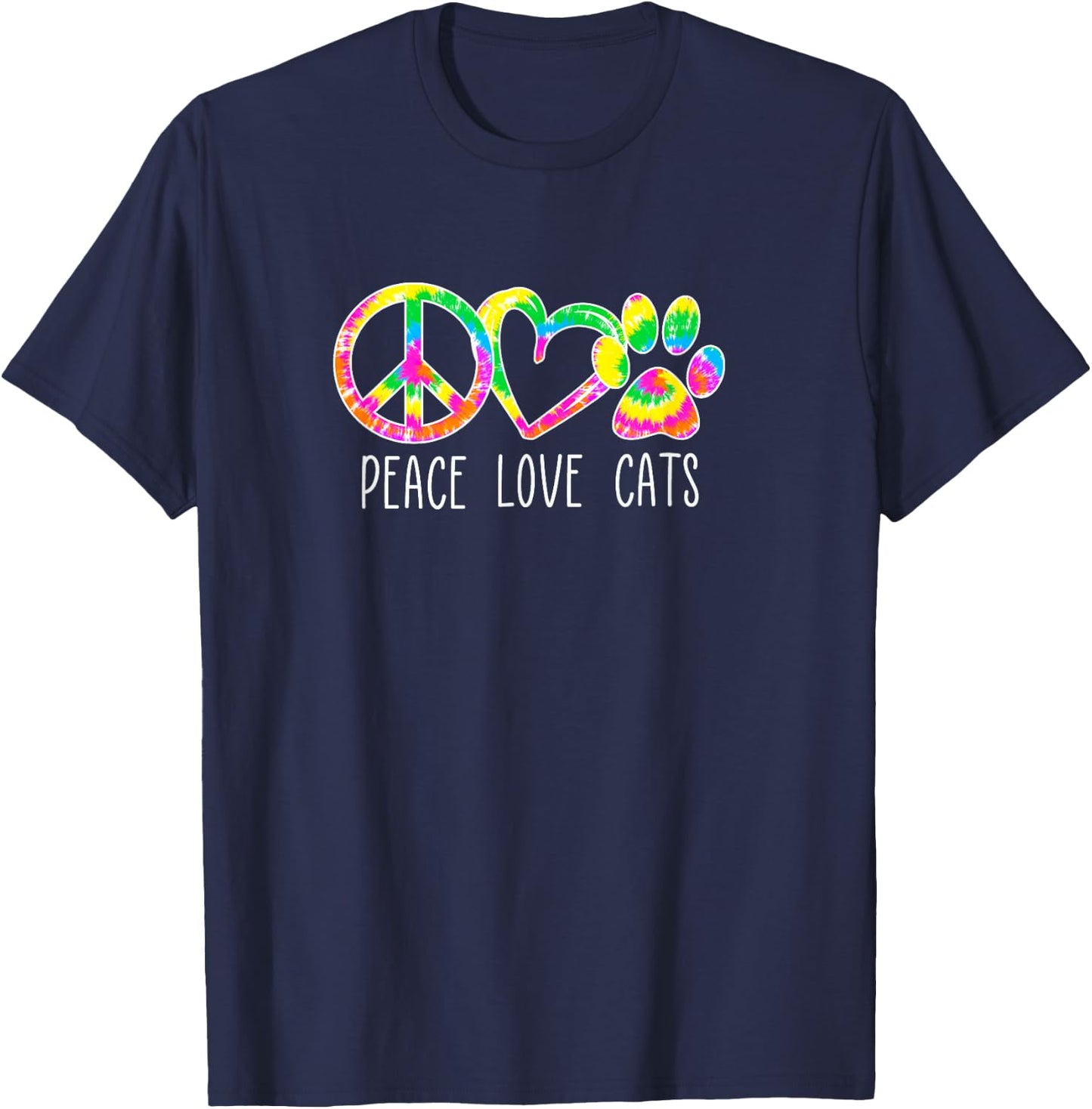Cat Lover Shirts Peace Love Cats Kittens Paw Bright Tie Dye T-Shirt - T-Shirt | Navy