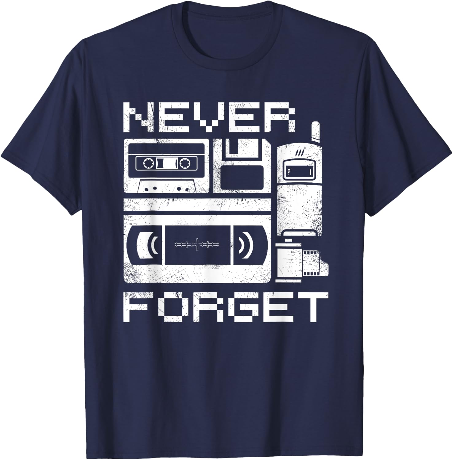 Never Forget The 90's Floppy Disk Flip Phones VHS Cassette T-Shirt - T-Shirt | Navy